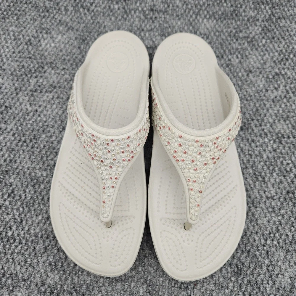 Crocs Sloane Women's 11 Oyster Sandals Flip Flops Embellished Rhinestone Wedge‎